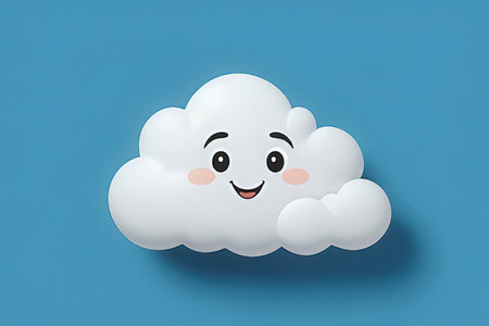 Cartoon cloud with happy face on blue background, 3d renderの写真素材