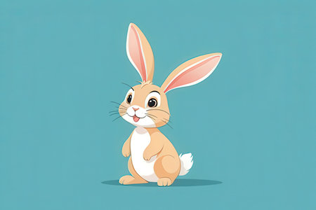 Cute cartoon rabbit with long ears on blue background. Vector illustration.の写真素材
