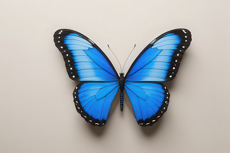Beautiful butterfly on light background, top view. Space for text