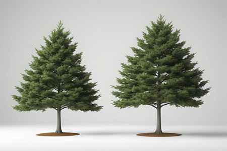 Two pine trees isolated on white background. 3d render illustration.