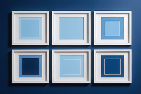 Set of empty white frames on blue wall. 3D illustration.の写真素材