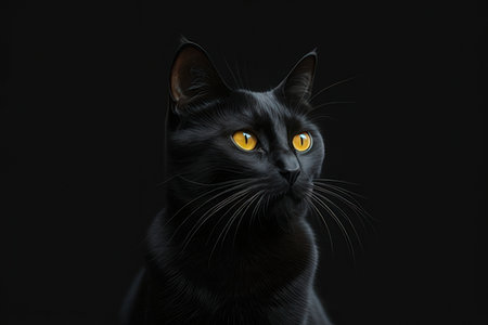 Portrait of black cat with yellow eyes on black background in studioの写真素材