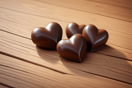 Chocolate hearts on a wooden table. Valentines day background.の写真素材