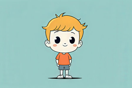 Cute cartoon boy standing on blue background. Vector Illustration.の写真素材