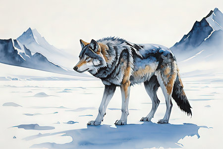 Illustration of a wolf in the winter landscape with snowflakes