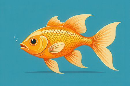 Illustration of a goldfish on a blue background with copy spaceの写真素材