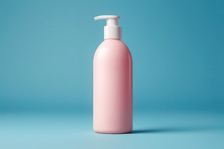 Blank pink cosmetic bottle on blue background. Mock up, 3D Renderingの写真素材
