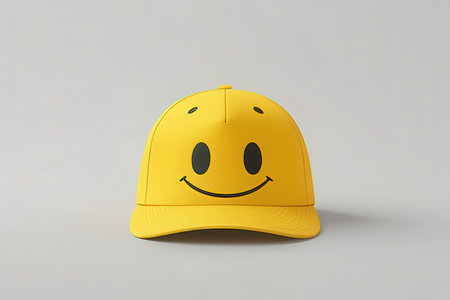 Yellow cap with smiley face on gray background. 3d rendering
