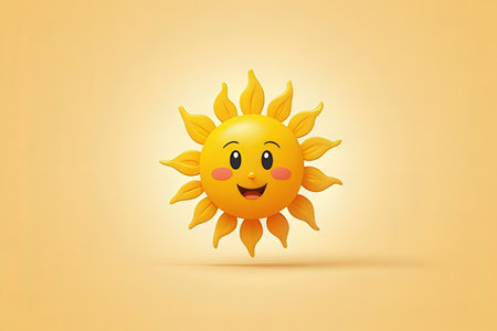 Cute cartoon sun character isolated on orange background. Vector illustration.