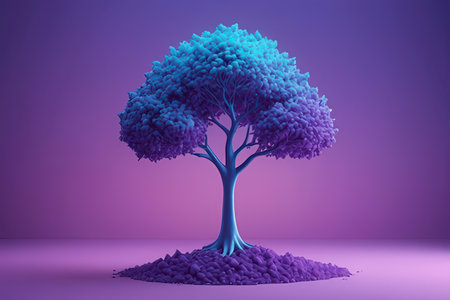 3d render, abstract blue tree on purple background, digital illustrationの写真素材
