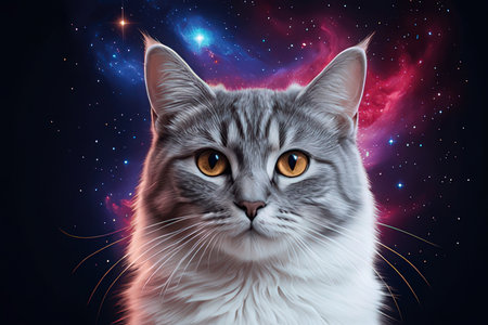 Portrait of a beautiful cat on a background of outer space.の写真素材
