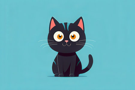 Cute cartoon black cat on a blue background. Vector illustration.の写真素材
