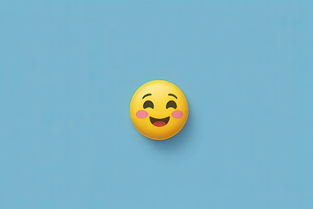 Smiling emoticon on a blue background with copy space for text