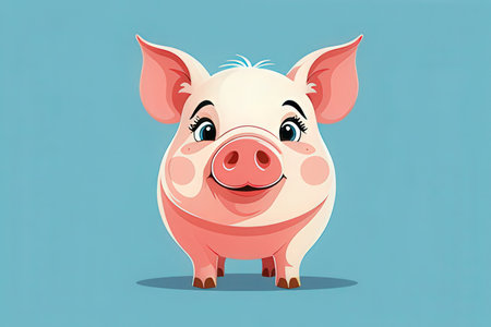 Cute pig cartoon character. Vector illustration isolated on blue background.の写真素材