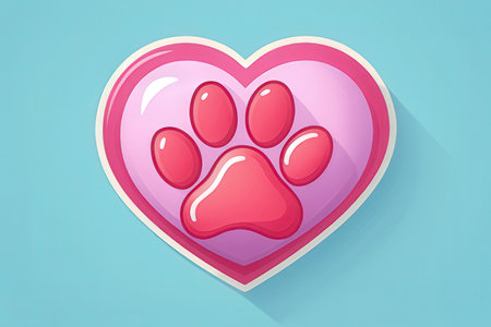 Pink heart with paw print isolated on blue background. Vector illustration.の写真素材