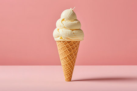 Vanilla ice cream in waffle cone on pastel pink background