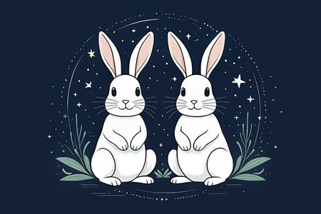 Vector illustration of two cute white rabbits sitting on a dark blue background.の写真素材