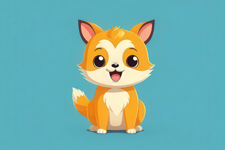 Cute little fox cartoon character on blue background. Vector illustration.の写真素材