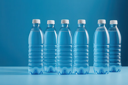 Plastic bottles of water on a blue background. 3d rendering
