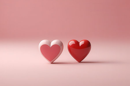 Two red hearts on a pink background. 3d render. Love concept.