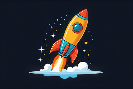 Rocket launch in space, vector illustration. Start up business concept.の写真素材