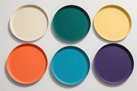3d rendering of a set of colorful round plates on a white background