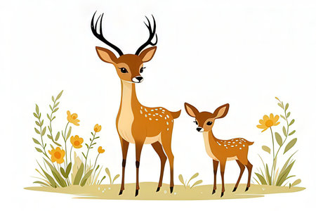 Deer and baby on a meadow with flowers. Vector illustration.の写真素材