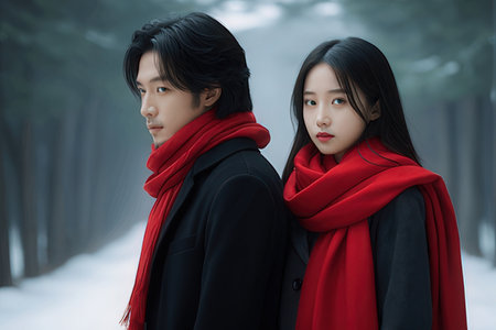 Young asian couple in love walking in the winter forest with red scarves