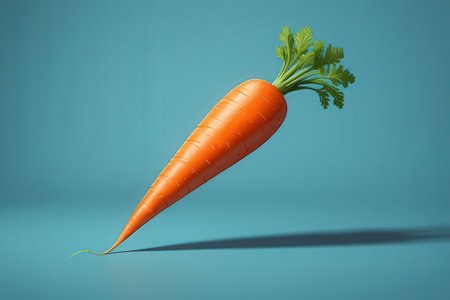 Carrot with green leaves on blue background. 3D rendering.の写真素材