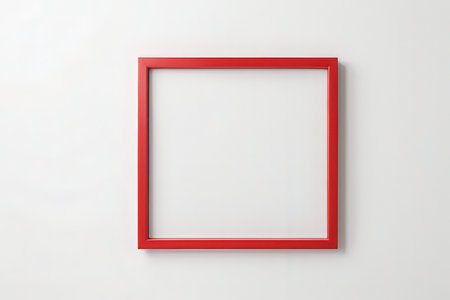 Red picture frame on white wall. 3d render illustration mockupの写真素材