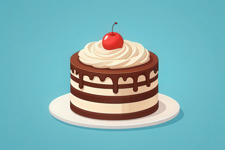 Cake with cream and cherry on a blue background. Vector illustration
