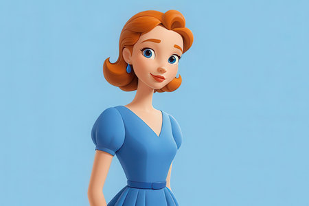 3D illustration of a cute cartoon girl in a blue dress.