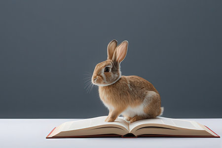 Rabbit sitting on open book. Isolated on gray background.の写真素材