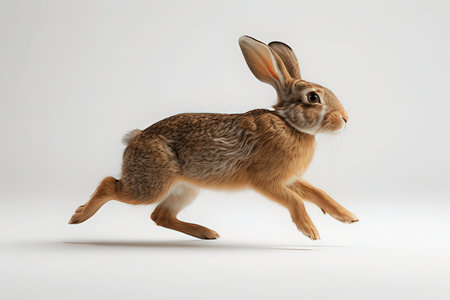 Cute brown hare running on white background. Studio shot.の写真素材