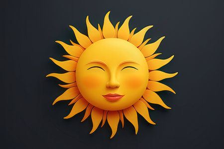 Smiling sun with closed eyes on dark background. Vector illustration.の写真素材
