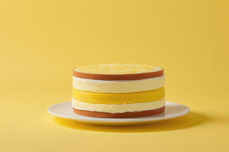 A closeup shot of a cake on a plate with yellow backgroundの写真素材
