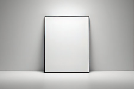 3d rendering of a white blank picture frame in a studio roomの写真素材