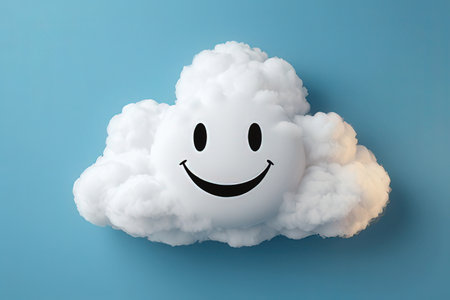 Smiling cloud with happy face on blue background. 3d illustration