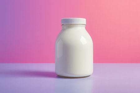 Milk bottle mockup on pink and purple background. 3d renderingの写真素材
