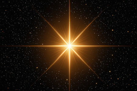 star with lens flare and bokeh effect on a black backgroundの写真素材