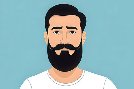 Man with a mustache in a white T-shirt on a blue backgroundの写真素材