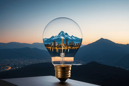 Glass lightbulb with cityscape inside and mountains in the backgroundの写真素材