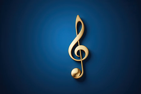 Golden treble cleft on blue background. 3D illustration.の写真素材