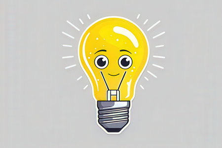 Cute cartoon lightbulb on gray background. Vector illustration.の写真素材