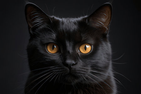 Portrait of a black cat with yellow eyes on a black backgroundの写真素材