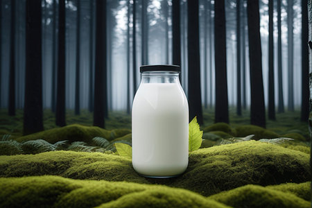 Milk in glass bottle on green moss in dark forest. 3d renderingの写真素材