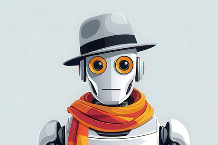 Robot in a hat and scarf on a gray background. Vector illustration.