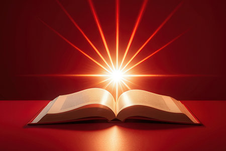 Open book with rays of light on a red background. 3d rendering