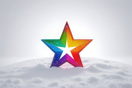 Colorful star in snow on white background. 3D rendering.の写真素材