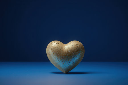 3d rendering of a golden heart on a blue background in the studioの写真素材